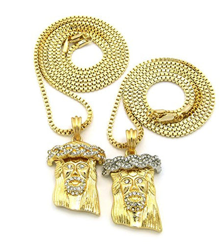 Two Tone Iced Out Jesus Pendant 24" 30" Box Chain Necklace Set - Gold-Tone RC541GT