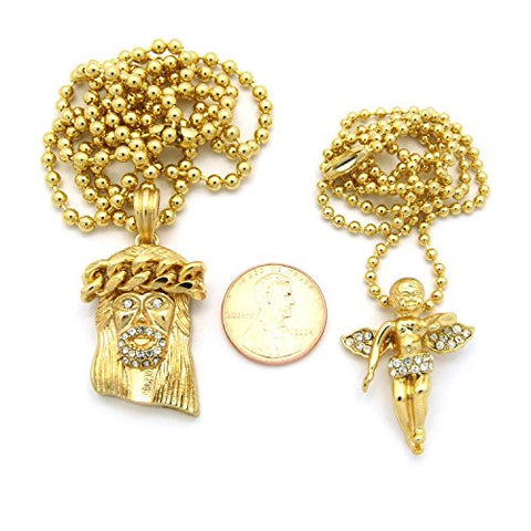 Pave Jesus & Floating Angel Micro Pendant Set with 24" 27" Ball Chain Necklaces - Gold-Tone RC480G