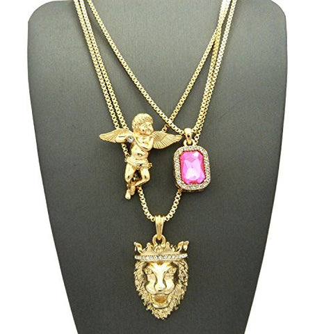 Pink Stone, Solitaire Angel & King Lion Pendant Set w/ Multi Length Box Chains in Gold-Tone