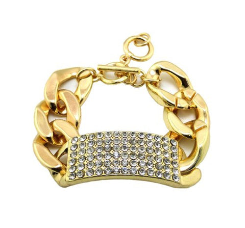 Celebrity Style Rhinestone ID Charm Bracelet in Gold-Tone