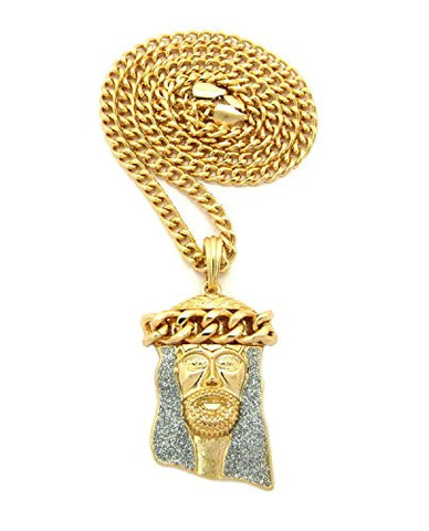 Thick Crown Silver-Tone Dusted Jesus Head Pendant 5mm 24" Cuban Chain Necklace in Gold-Tone