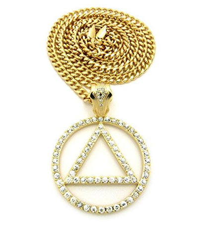 Pave Triangle in Circle Rapper Pendant 6mm 36" Cuban Link Chain Necklace in Gold-Tone