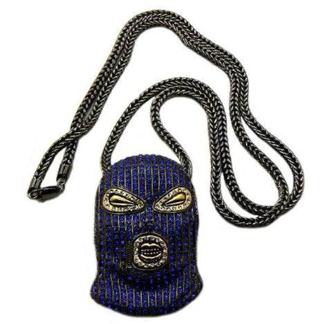 Paved Blue/Hematite Tone Goon Ski Mask Pendant w/ 36" Franco Chain MP426BL