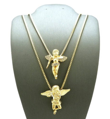 Gold Tone Cherub Angel Pendant Set 2mm 24" 30" Box Chain Necklace RC128G