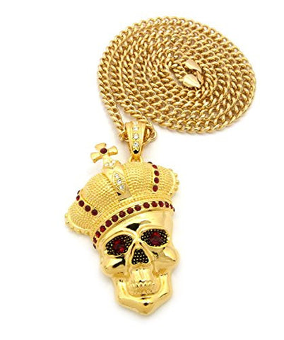 Royal Crown Skull Head Pendant with 6mm 36" Cuban Link Chain - Red/Gold-Tone