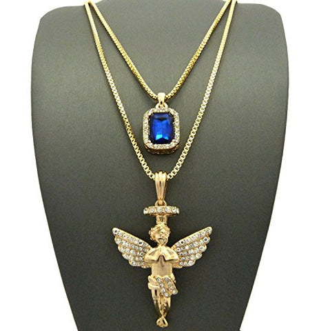 Pave Blue Stone & Halo Angel Pendant Set 2mm 24" & 30" Box Chain Necklace in Gold-Tone