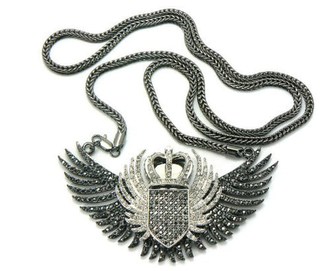 Iced Out Crown Wing Pendant in Hematite/Clear Tone w/36" Franco Chain MHP9HECR