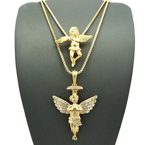 Solitaire Angel and Rhinestone Halo Angel Pendant Set 2mm 24" & 30" Box Chains in Gold-Tone