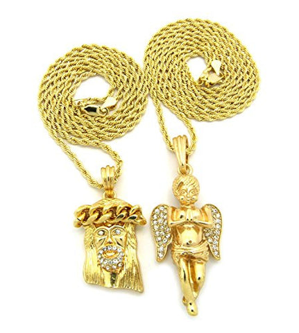 Paved Crown Jesus & Praying Angel Micro Pendant Set with 24" 30" Rope Chain Necklace - Gold-Tone