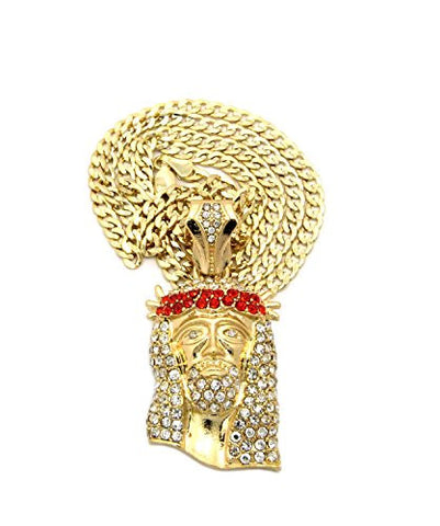 Red Stone Stud Jesus Face Pendant 2.5mm 24" Diamond Cut Cuban Chain Necklace in Gold-Tone