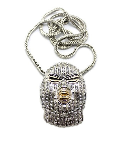 Iced Out Silver Tone Goon Ski Mask Pendant w/ 4mm 36" Franco Chain MLP049RC