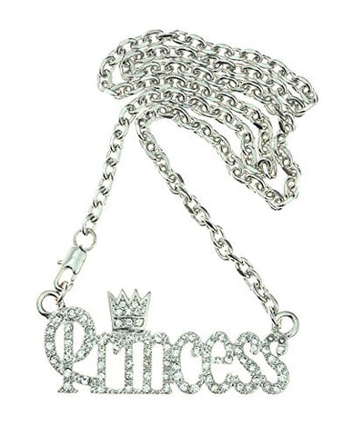 Stone Studded Princess With Crown Pendant Fashion Necklace in Silver-Tone