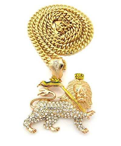 Iced Out Rasta Lion Pendant 6mm 36" Miami Cuban Link Chain Necklace in Gold-Tone