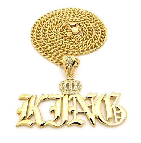KING Pendant with Iced Out Crown 6mm 36" Cuban Link Chain Necklace in Gold-Tone