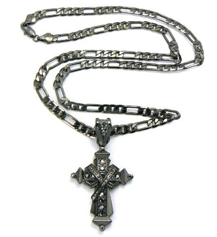 Hematite Tone Byzantine Style Cross Pendant 24" Figaro Chain Necklace