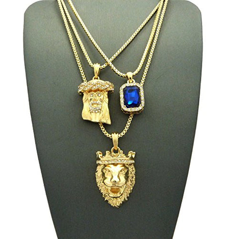 Faux Sapphire Stone, Jesus Face & King Lion Pendant Set w/ Multi Length Box Chains in Gold-Tone