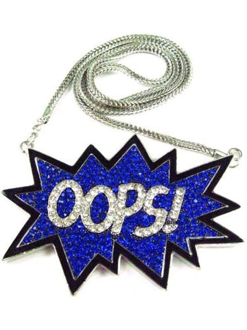 Iced Out Blue "OOPS!" Pendant w/36" Franco Chain in Silver-Tone
