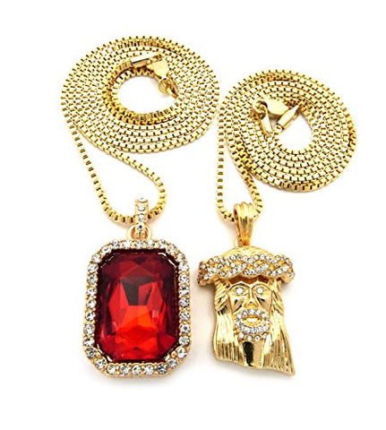 Rappers Micro Faux Ruby & Pave Crown Jesus Pendant 2mm 24" 30" Box Chain Necklace Set - Gold-Tone