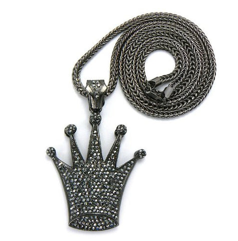 Hematite Tone Pave Crown Pendant w/ 4mm 36" Franco Chain MP555HE