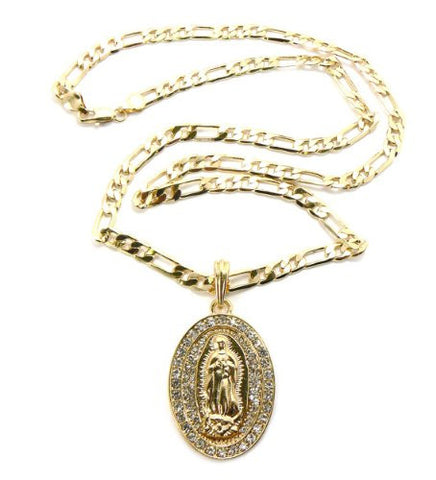 Oval Saint Mary Pendant w/ 5mm 24" Figaro Chain in Gold Tone MSP154G