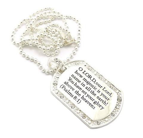 Psalms 8:1 Bible Verse Rhinestone Pendant Necklace 3mm 30" Ball Chain OP108S