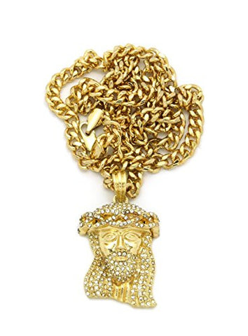 Iced Out Micro Crown of Thorns Jesus Pendant with 24" Cuban Chain Necklace - Gold-Tone MMP47GCC