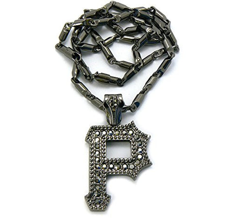 Iced Out Initial Letter P Micro Pendant 4mm 24" Bullet Chain Necklace in Hematite-Tone