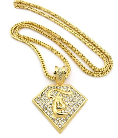 Initial T Iced Out Rapper Pendant w/ 4mm 36" Franco Chain - Gold Tone XP938GFC