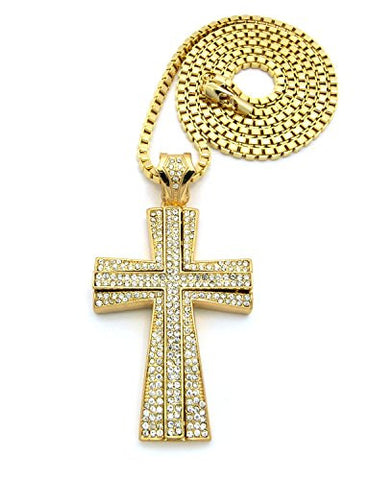 Iced Out Layer Cross Pendant w/ 36" Box Chain Necklace - Gold Tone XP667GBX