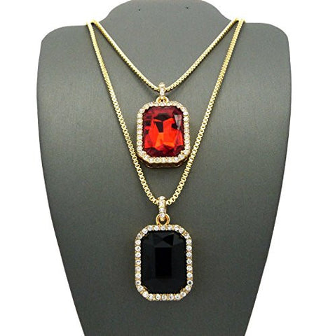 Hip Hop Rapper Celebrities' Red/Black Gemstone Chain with 2mm 24" 30" Box Chains in Gold-Tone