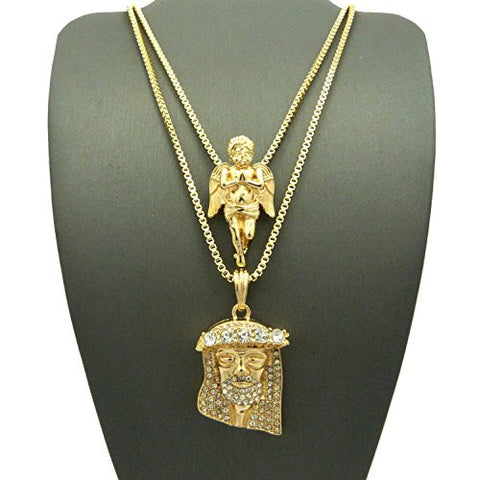 Solid Prayer Angel & 3D Stone Crown Jesus Pendant Set 2mm 24" & 30" Box Chains in Gold-Tone