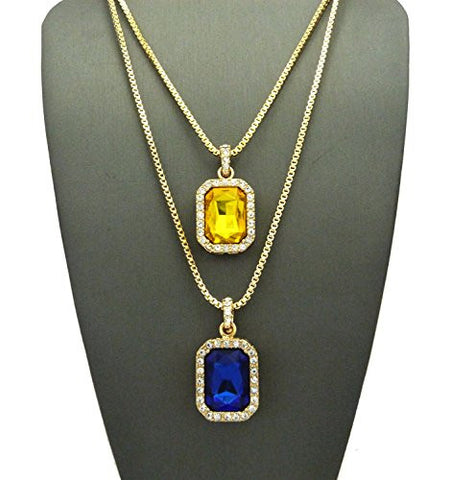 Yellow Stone & Faux Sapphire Stone Pendant Set 2mm 24" & 30" Box Chain Necklace in Gold-Tone