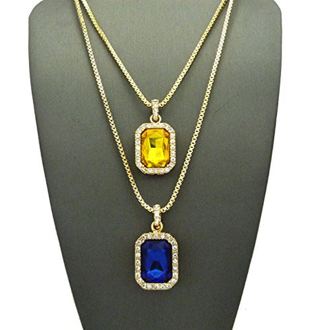 Yellow Stone & Faux Sapphire Stone Pendant Set 2mm 24" & 30" Box Chain Necklace in Gold-Tone
