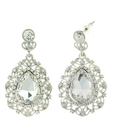 Women's Filigree Clear Teardrop Stone Dangling Earrings in Silver-Tone