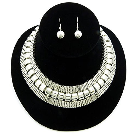 Women's Bohemian Style 3 Layer Choker Necklace and Dangling Ball Earring Set in Silver-Tone