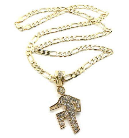 Iced Out Shufflin Shuffle Man Pendant w/ 24" Figaro Chain in Gold Tone MSP280G