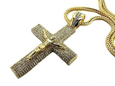 Pave Crucifixion Jesus Cross Pendant with 36" Franco Chain Necklace - Gold-Tone MP495G