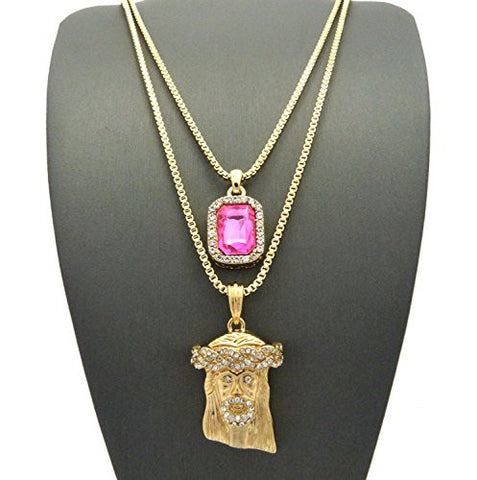Pave Pink Stone & Crown of Thorns Jesus Pendant Set 2mm 24" & 30" Box Chain Necklace in Gold-Tone