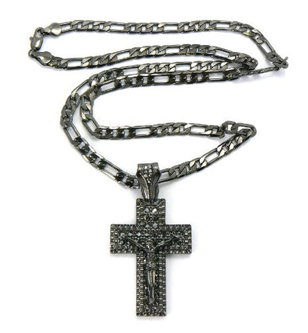 Iced Out Hematite Tone Jesus Cross Pendant 24" Figaro Chain Necklace