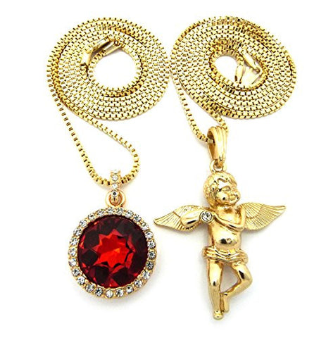 Micro Round Faux Ruby Stone & Solitaire Angel Pendant 2mm 30" Box Chain Necklace Set - Gold-Tone