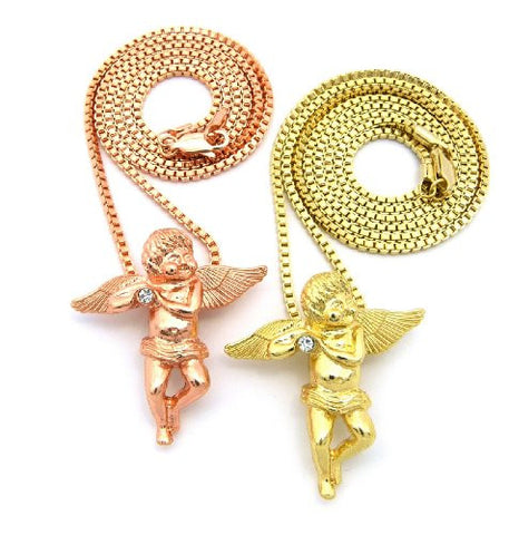 Baby Angel Duo Micro Pendant Set w/ Varying Box Chains - Two Tone Gold