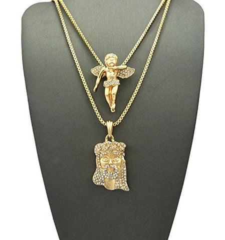 Stone Studded Floating Angel & Crown of Thorns Jesus Face Pendant Set 2mm 24" & 30" Box Chain in Gold-Tone