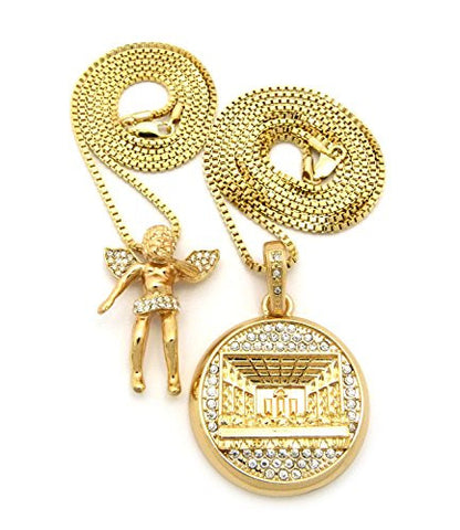 Pave Flying Angel and The Last Supper Medal Pendant 24" 30" Box Chain Necklace Set in Gold-Tone