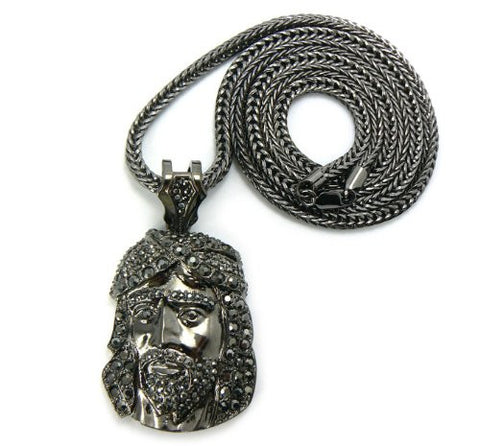 Iced Out Hematite Tone Jesus Face Pendant w/ 4mm 36" Franco Chain MP427HE