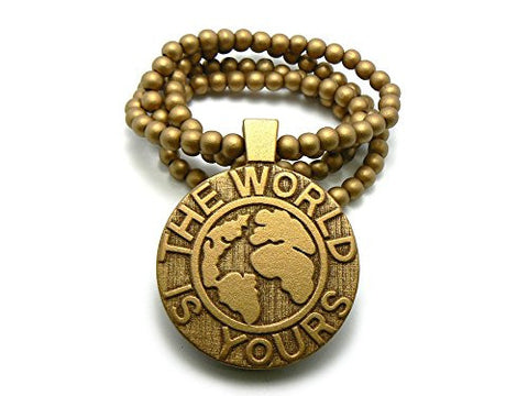 The World is Yours Globe Flat Wood Medal Pendant 8mm 36" Wooden Bead Chain Necklace in Gold-Tone