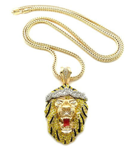 Two-Tone Iced Out Roaring Lion Pendant 4mm 36" Franco Chain Necklace