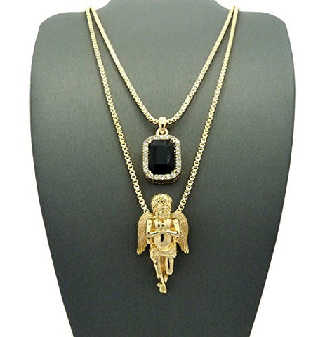 Faux Onyx Stone & Solid Praying Angel Pendant Set 2mm 24" & 30" Box Chain Necklace in Gold-Tone