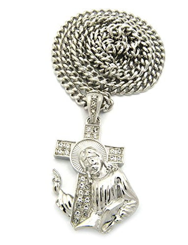 Pave Cross and Jesus Pendant with 6mm 36" Cuban Link Chain Necklace in Silver-Tone