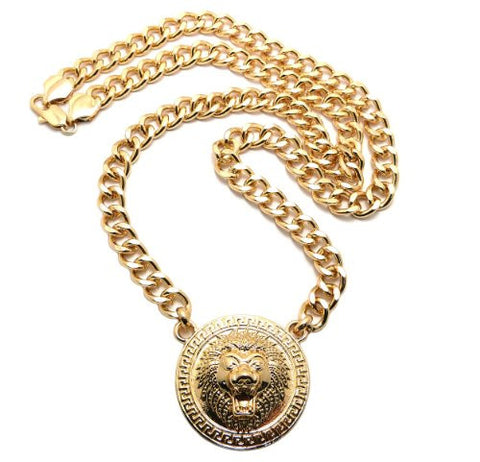 Roaring Lion Egyptian Medal Pendant with 30" Cuban Link Chain Necklace in Gold-Tone XC245G
