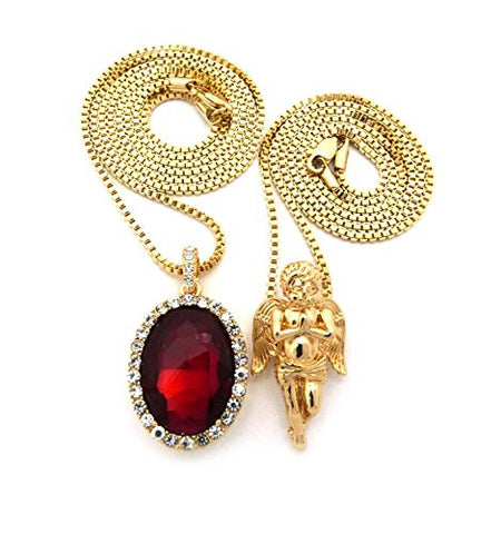 Micro Oval Faux Ruby Stone & Solid Pray Angel Pendant 2mm 24" 30" Box Chain Necklace Set - Gold-Tone